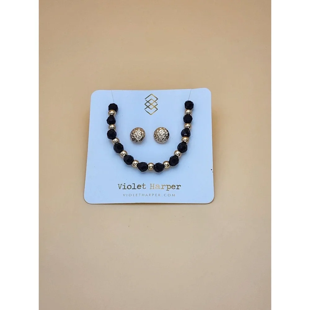 New VIOLET HARPER Signed Black & Gold Textured Necklace & Earrings Set FREE $HIP
